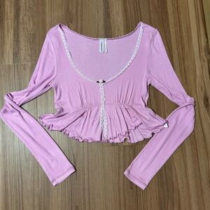 Pink Long Sleeve Cropped Peplum Top